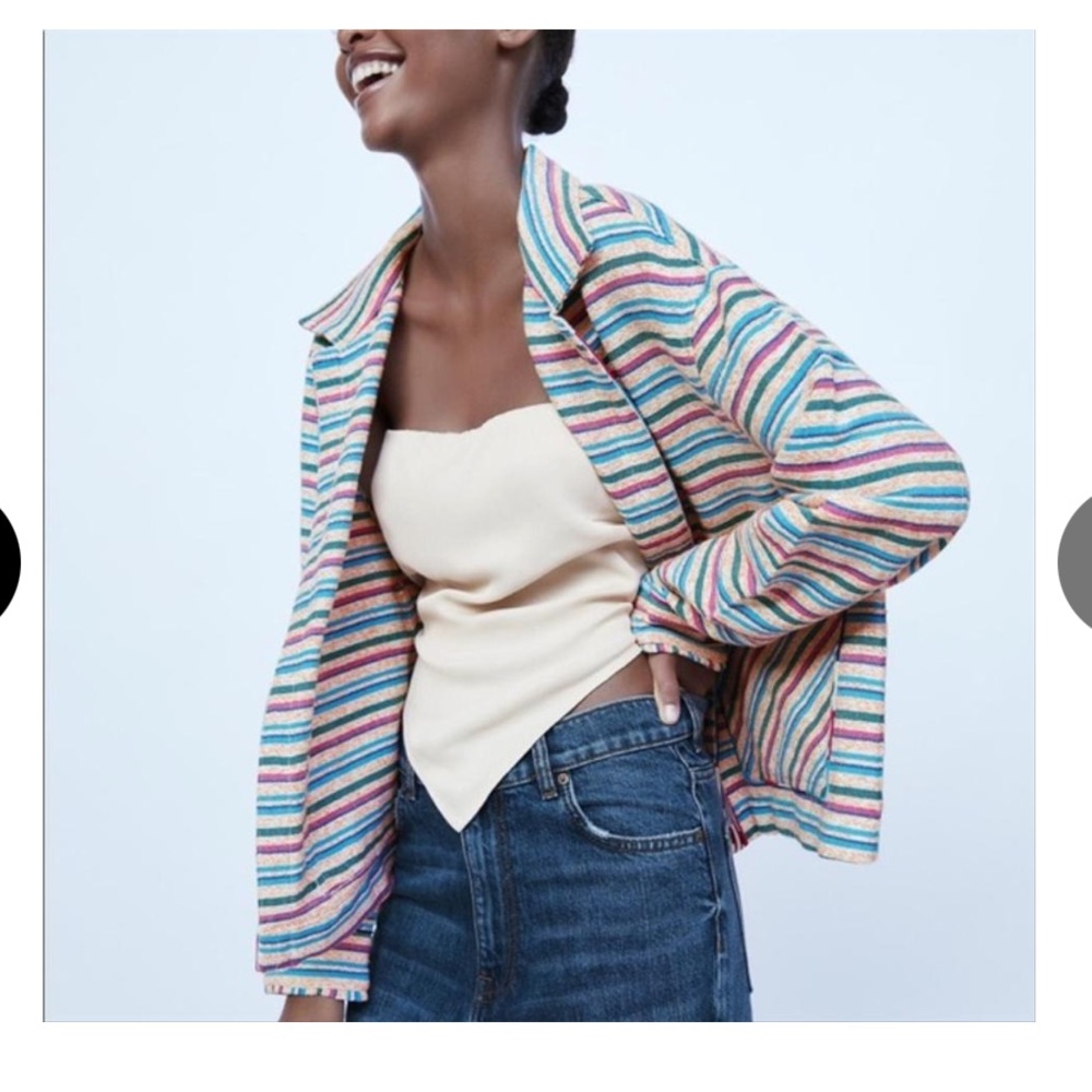 Zara Multicolor Textured Weave Jacket Striped Boho Large Blazer